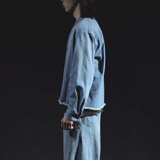 Denim Kimono Collar Cropped Jacket (Paint-Splattered)