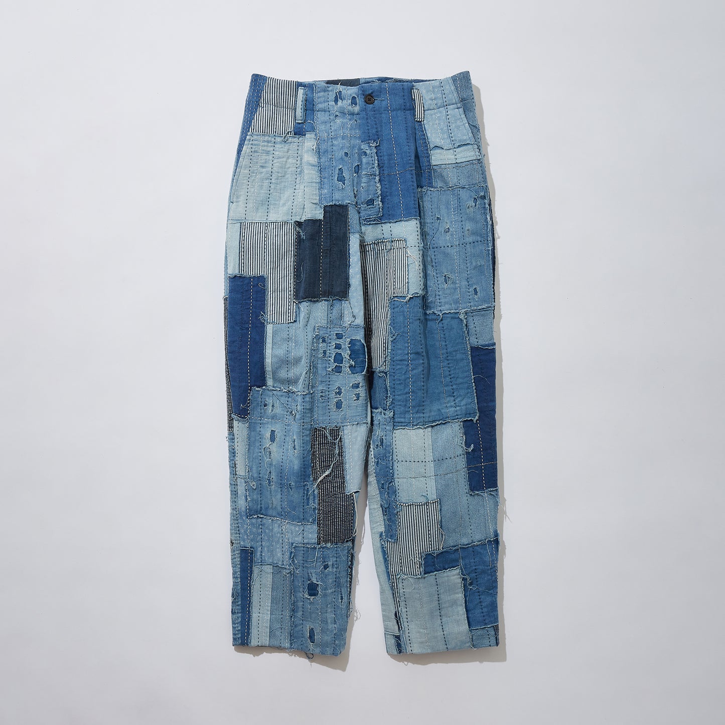 Distressed Denim Pleated Trousers