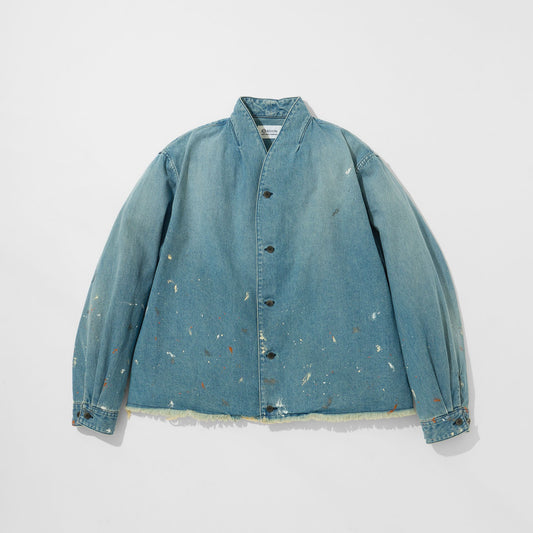 Denim Kimono Collar Cropped Jacket (Paint-Splattered)