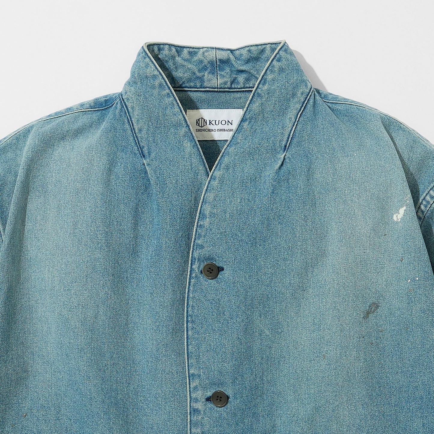 Denim Kimono Collar Cropped Jacket (Paint-Splattered)