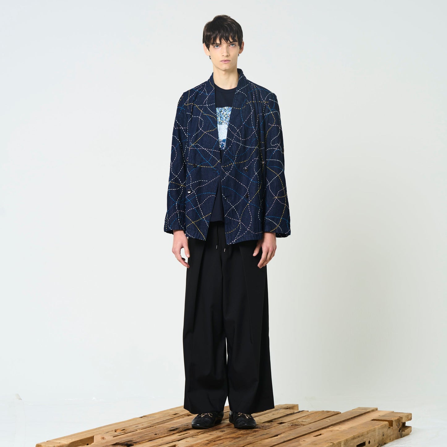 Kimono Collar Sashiko Jacket -Denim-