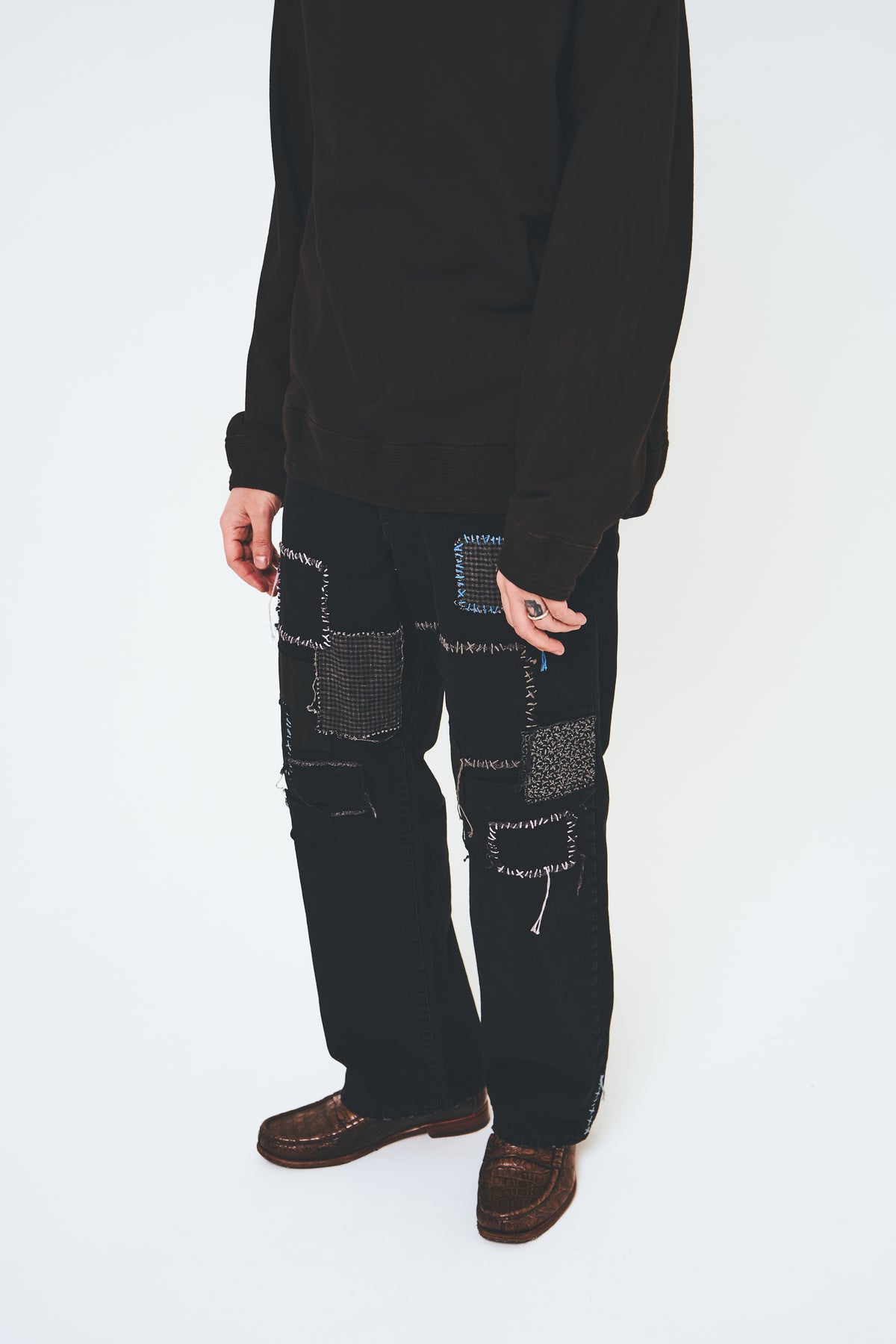 Sashiko Mended Black Denim Trousers