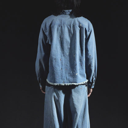 Denim Kimono Collar Cropped Jacket (Paint-Splattered)