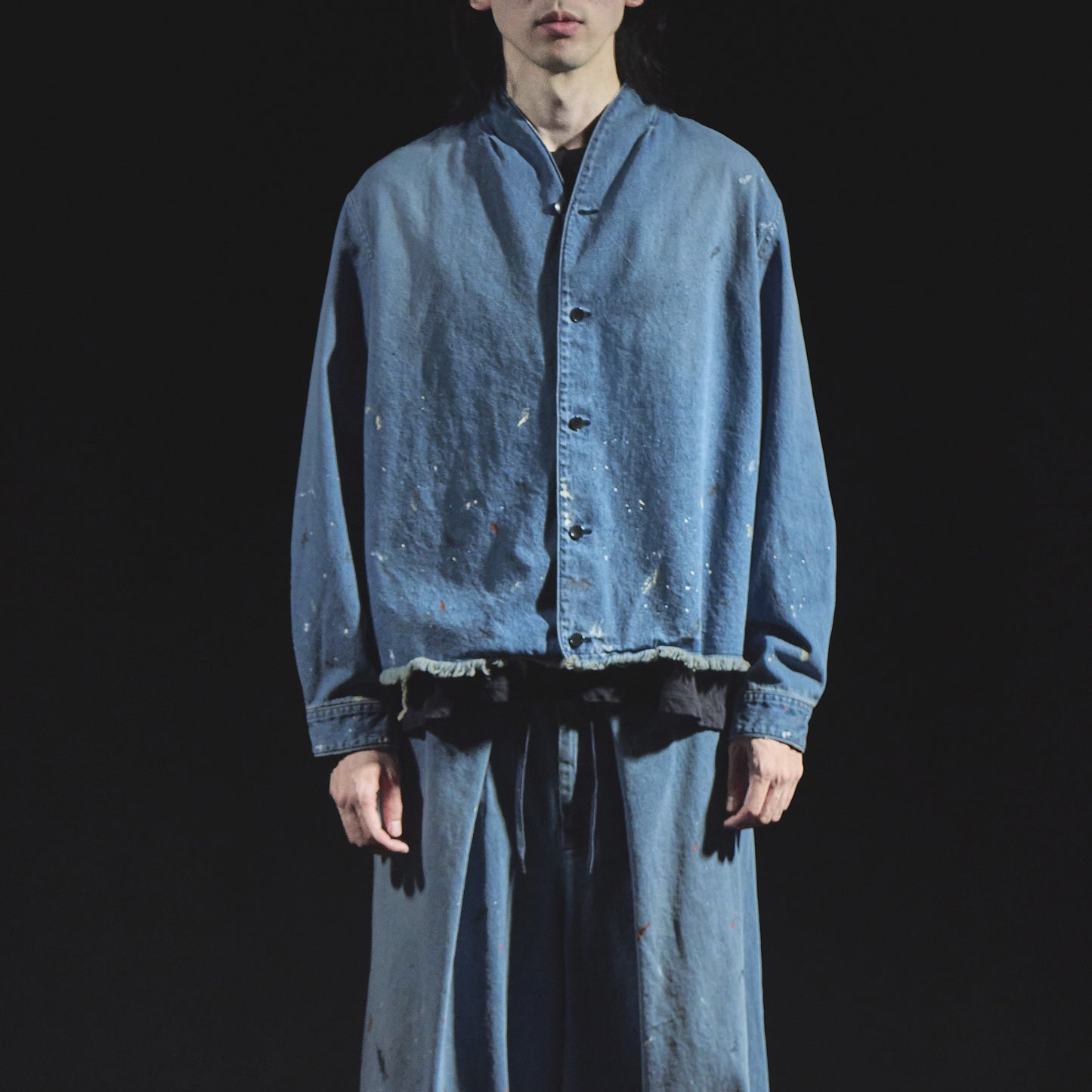 Denim Kimono Collar Cropped Jacket (Paint-Splattered)