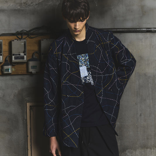Kimono Collar Sashiko Jacket -Denim-